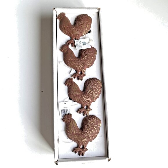 Vintage NWT Set 4 KAY DEE Designs Rooster Napkin Rings Metal Made in India - Picture 1 of 8